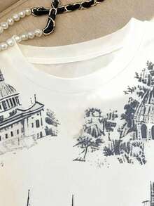 Resyla 女士休闲印花T恤，夏季新品，白色，建筑图案，修身腰身，运动时尚风格，女士T恤 - 白色 - 查看 3