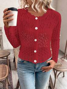 EMERY ROSE Women's Round Neck Hollow Front Button Cardigan, Knitted Sweater Jacket For Autumn/Winter - Red - View 5