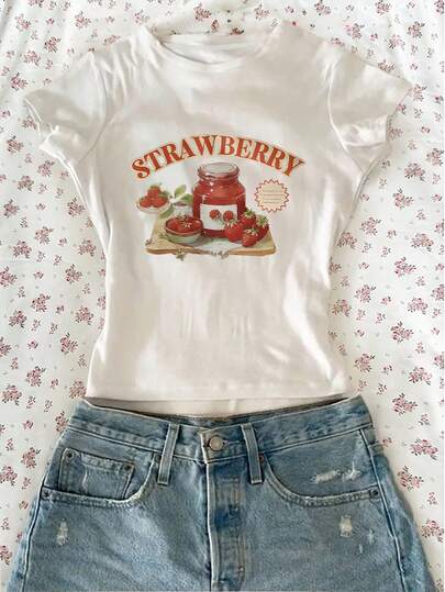 Teen Girls Strawberry Graphic Print Cropped Short Sleeve T-Shirt, Casual & Comfortable For Spring/Summer, Design Suitable For Outdoor, Sports, Photography, Home, School, Festivals, Gifts