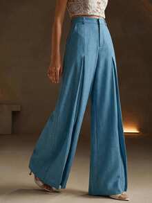 Anewsta Women's Pleated Design Wide Leg Relaxed Fit Elegant Dress Pants - Dusty Blue - View 5