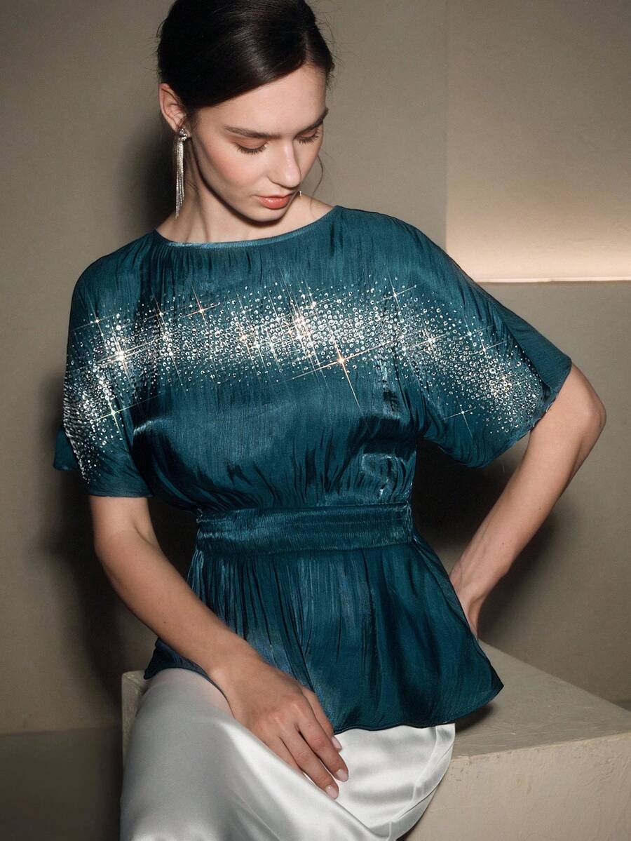 Anewsta 春季水钻收腰套头衫（女款） - 青碧色 - 查看 1