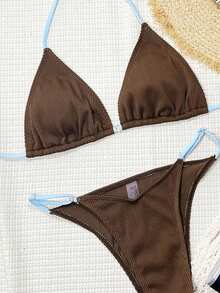 Swim Vcay 女士夏季沙滩撞色露背性感比基尼泳装套装 - 咖啡棕 - 查看 3