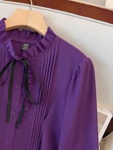 GlowEve CURVE Plus Size Women Long Sleeve Small Stand Collar Striped Casual Solid Color Ruffle Cuff Fashion Shirt, Suitable For Daily Commute - Purple - View 5