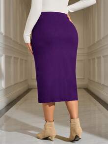 EMERY ROSE Plus Size Elegant Solid Color Fitted Skirt, Suitable For Commuting In Summer - Violet Purple - View 2