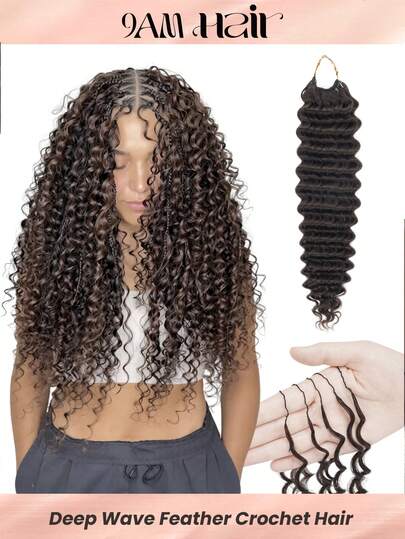 Boho Braids 深波浪卷曲羽毛钩编真人发接发，60克/50股/包，无缝隐形100%真人发，适用于无结波西米亚辫、富拉尼辫，全头2号深棕色钩编真人发接发，用途广泛，可用于编发、发髻和马尾辫。