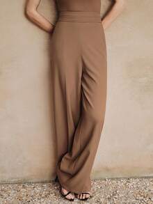 Anewsta Women's Casual Straight Leg Pants With Front Waist Stripes, Side Pockets, Side Zipper, Elastic Waist, Suitable For Commuting - Coffee Brown - View 7