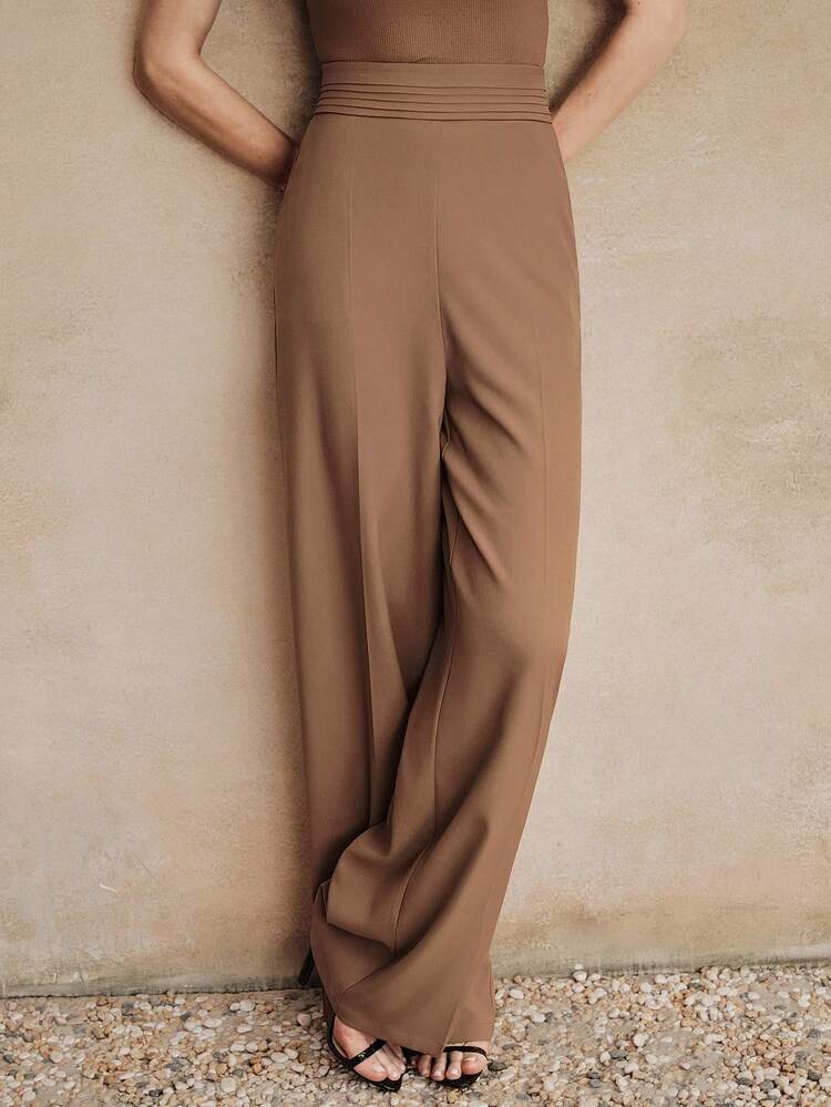 Women's Casual Straight Leg Pants With Front Waist Stripes, Side Pockets, Side Zipper, Elastic Waist, Suitable For Commuting