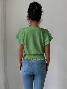Selianne Camiseta de mujer de manga con volantes y cuello redondo, estilo casual de verano y jacquard - Verde - Ver 2