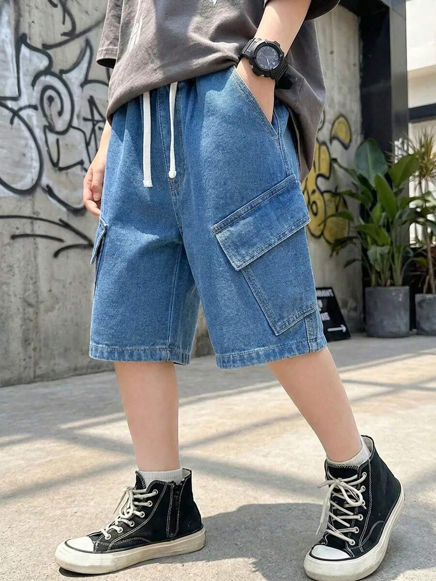 Toddler Tween Boy Washed Denim Cargo Pocket Loose Wide Leg Casual Shorts, Blue - Medium Wash - View 1