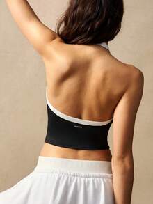 VARSIVA Contrast Color Trim Backless Racerback Sports Tank Top Backless Body Shaper - Black and White - View 3
