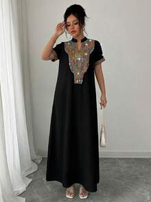 Rafferiza Contrast Color Embroidered Mandarin Collar Rhinestone Embellished Loose Long Dress For Women - Black - View 4