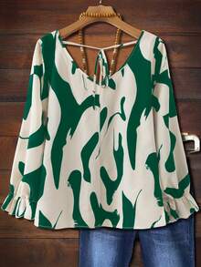 Linhara Plus Size Women V-Neck Back Tie Full Print Long Sleeve Autumn Blouse Women's Tops And Blouses Boutique Tops For Women Women's Tops For Summer Blouse For Women Casual Latest Tops For Women New Arrival Blouse Stylish Tops For Women Latest Tops For Women New Arrivals Long Sleeve Tops For Women - Dark Green - View 2