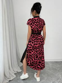Selianne Women's Casual Elegant Business Casual Vacation Travel Old Money Style Leopard Print Front Button Shirt Belt Bow Pocket Side Slits Commuting Home Contrast Fabric 2025 Summer New Short Sleeve Long Dress - Red - View 2