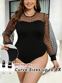 SHEIN CURVE+ 大码女士优雅波点网纱拼接灯笼袖连体衣，适合春、夏、秋季穿着 - 黑色 - 查看 1