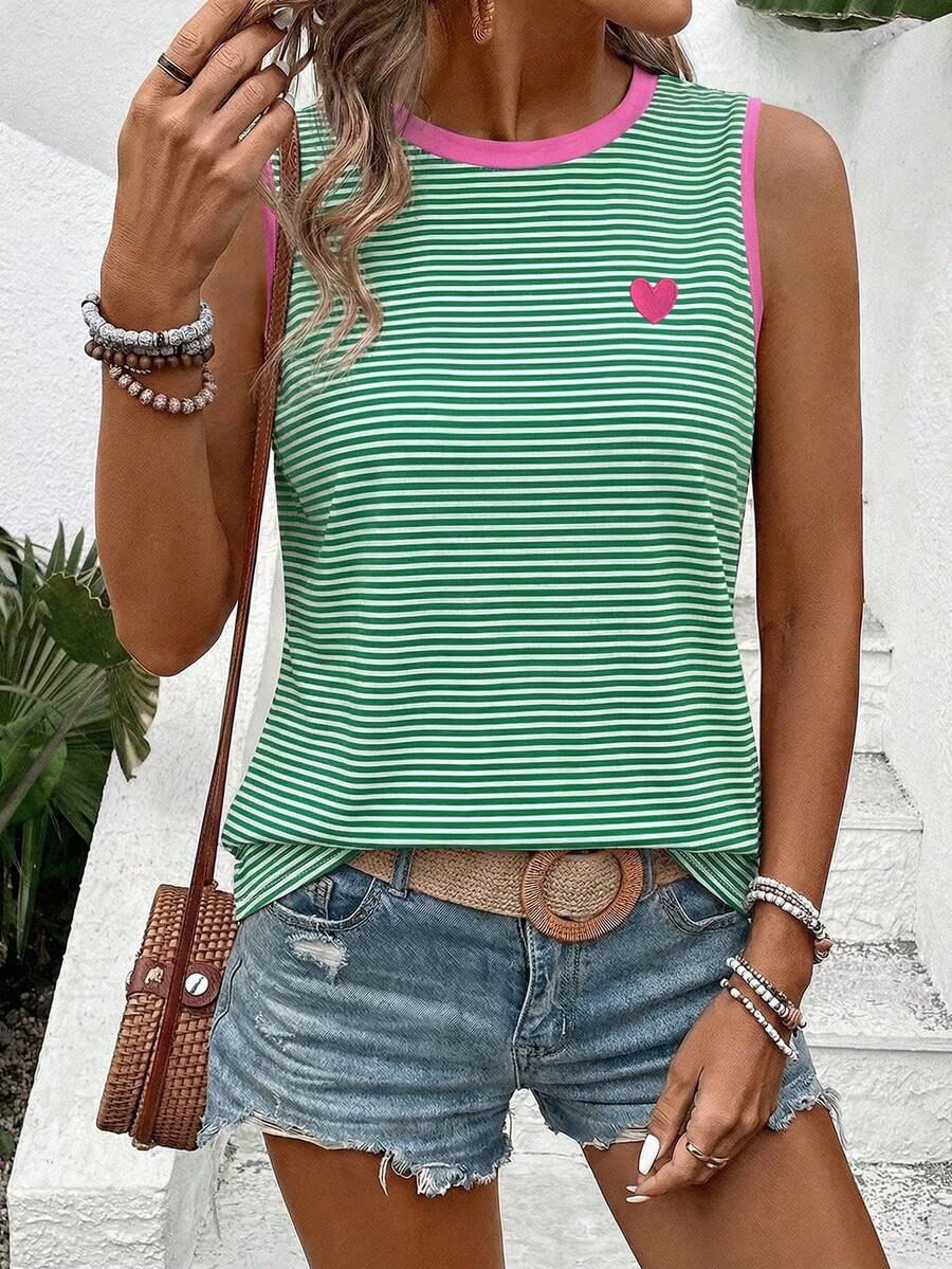 Women's Striped Heart Print Casual Versatile Tank Top, Spring/Summer New Arrival - Multicolor - View 1