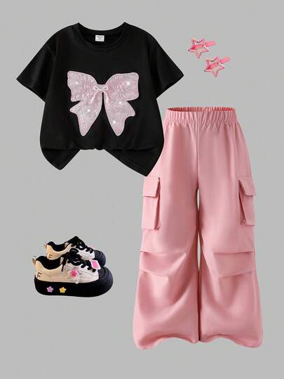 Elladie kids Set de 2 piezas: Camiseta de manga corta negra y pantalones cargo de punto con lazo de lentejuelas rosa para niñas, conjunto de moda de verano