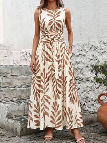 Solivie 女士休闲度假印花圆领收腰无袖连衣裙，夏季 - 彩色 - 查看 5