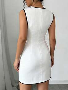 Selianne 女士优雅通勤撞色滚边前扣无袖迷你连衣裙 - 白色 - 查看 2
