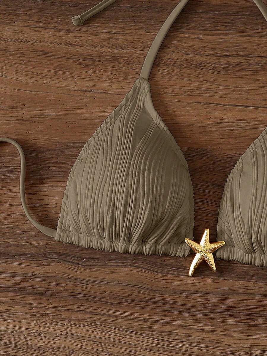 Swim Mod 女款純白色鉤編掛脖露背綁帶比基尼上衣、棕色比基尼上衣、貝殼比基尼、海星比基尼、卡其色比基尼上衣、加墊比基尼上衣、Y2K泳衣、女款泳衣比基尼上衣、女款泳裝上衣、比基尼套裝、女款比基尼套裝、女款泳衣上衣、比基尼配件 - 駝色 - 查看 1