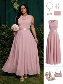 Roveilla 大码优雅纯色圆领无袖连衣裙，夏季 - 粉色 - 查看 13