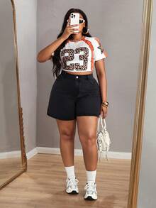 Slaydiva 大码女式休闲日常穿搭带口袋纽扣牛仔短裤 - 深灰色 - 查看 6