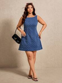 Elaquor 大码女士菱形图案休闲派对牛仔连衣裙 - 藍色 - 查看 4