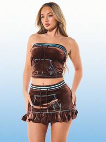 BABYPHAT Velour Mini Skirt With Ruffled Frill Hem Brown Casual Party Club Night Out Fall Winter Drawstring Waist Soft Luxe - Brown - View 3