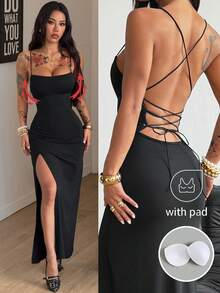Coolane Women's Summer Streetwear Casual Date Night Elegant Birthday Chic Comfortable Stretchy High-Slit Padded Backless Halter Long  Prom Dress - Black - View 1