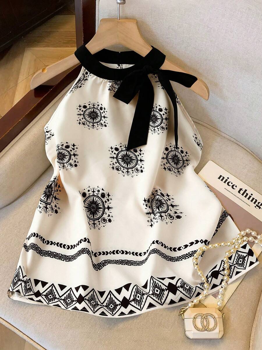 GlowEve 印花梭织面料撞色侧边蝴蝶结系带露背A字型吊带上衣，女士夏季沙滩装 - 彩色 - 查看 1