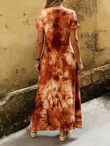 Linavere Women's Tie-Dye Round Neck Short Sleeve Casual Loose Dress - Multicolor - View 2