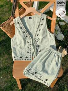 SHEIN EZwear 女士休闲刺绣梭织套装，绿色 - 綠色 - 查看 8