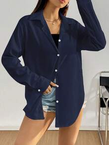 Chiquease Camisa Casual de Manga Longa com Botões na Frente e Cor Sólida para Mulheres - Azul Marinho - Visão 3