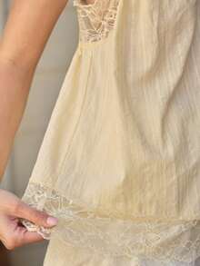Freevana Women's Pale Yellow Summer Elegant Tea Party Boho Deep V-Neck Lace Trim Cotton Textured Loose Cami Top Sleeveless Babydoll Vintage Blouse - Pale Yellow - View 16