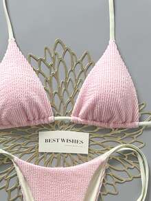 Swim Mod 2026 Spring/Summer Beige Spaghetti Strap Halter Neck Pink Pleated Textured Fabric Side High Cut Women's Bikini 2-Piece Set - Pink - View 6