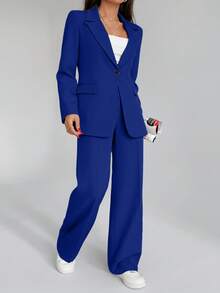 EURMUSE Women Solid Color Two Pieces Outfits Sets Blazer Jacket And Pants - Royal Blue - View 7