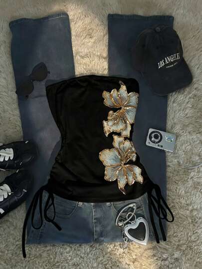 Glimmora 女士印花抽绳侧边设计时尚抹胸上衣