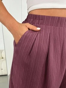 Enliva Plus Size Women's Spring And Summer Fashion Casual Loose Comfortable Cool Daily Basic Versatile Texture Fabric Elastic Waist Pink Wide Leg Pants, Women Bottom, Flowy Pants, Simlpe Style, European Summer, Capri, Vacation Pants, For Apple And Rounded Body Shape - Pink - View 6