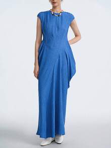 Aalyst Women's Fashion Round Neck Pleated Irregular Hem Round Shoulder Romantic Elegant Casual Commute Date Party Dinner Dress, Spring/Summer - Blue - View 4