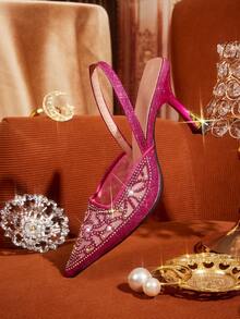 CUCCOO TILAWA Women's Fashionable Elegant Party Rhinestone Decorated Pumps - Hot Pink - View 3