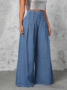 Selenza Quần jeans ống rộng cạp cao dáng rộng, chất liệu wash, cỡ lớn, kiểu dáng thường ngày. - Màu xanh lam - Xem 4