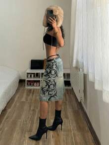 StreetHx Pantalones cortos vaqueros holgados de pierna ancha con bolsillos estampados para mujer - Azul - Ver 6