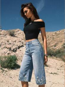 Easelle Quần Jeans Denim Rộng Rãi Thêu Thời Trang Thường Ngày Cho Nữ, Mùa Hè - Màu xanh lam - Xem 4