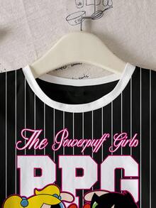 THE POWERPUFF GIRLS X SHEIN 少女条纹圆领卡通字母印花休闲百搭日常短袖T恤 - 白色 - 查看 4