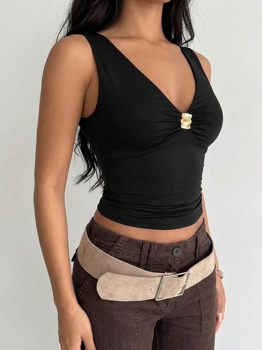 Aloruh 性感露背吊带紧身金属装饰背心，时尚女性浪漫约会装扮，紫色 - 黑色 - 查看 1