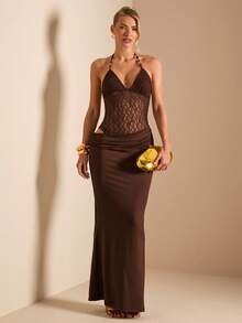 SHEIN BAE 女士深V领串珠系带直筒性感连衣裙，春夏款 - 棕色 - 查看 3