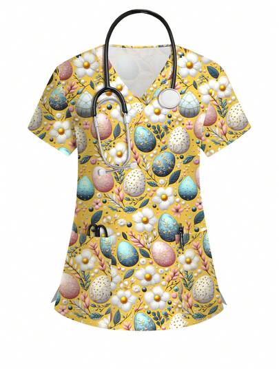 PopScrub Classic 3D Egg & Floral Botanical Cartoon Print Nurse Uniform Top, V-Neck Short Sleeve Scrub Shirt, Nursing Uniform For Women, Suitable For Easter, Daily Wear, Spring/Summer