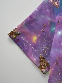 PopScrub 3D立体星形印花梦幻紫蓝色V领短袖时尚女式工作服上衣，春夏款 - 彩色 - 查看 7