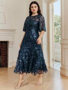 Anewsta Elegant Navy Blue Floral Mesh Ruffle Trim Sequin Embellished Short Sleeve Dress, Suitable For Parties, Dates, Resorts, Spring/Summer Outfits - Navy Blue - View 6