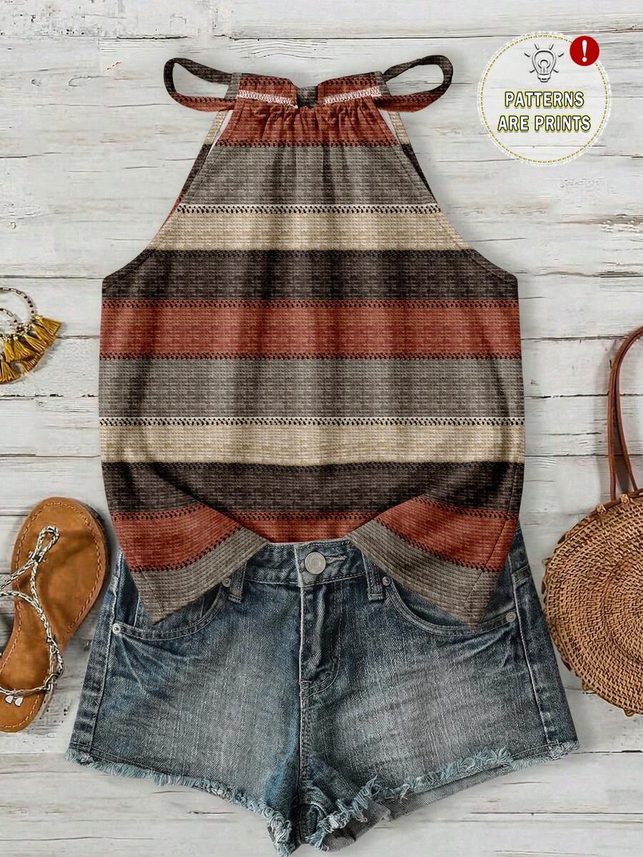 SHEIN LUNE 波西米亚风棕色杏色条纹印花露背吊带背心 - 夏季度假上衣，适合海滩、邮轮、音乐节、演唱会、婚礼宾客、城市旅行、海岛度假、乡村音乐活动，也是一份贴心的母亲节礼物 - 彩色 - 查看 1