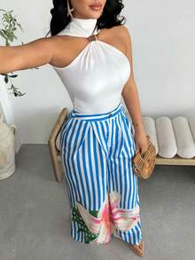 Vavine Blue & White Pleated Waist Loose Women Casual Pants - Multicolor - View 5